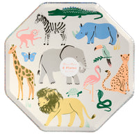 Pack of eight paper party plates Safari animal print in a large dinner plate size, featuring assortment of colorful animals including elephant, lion, zebra, giraffe, rhino , alligator, turtle, flamingo, snake, butterfly, monkey & toucan