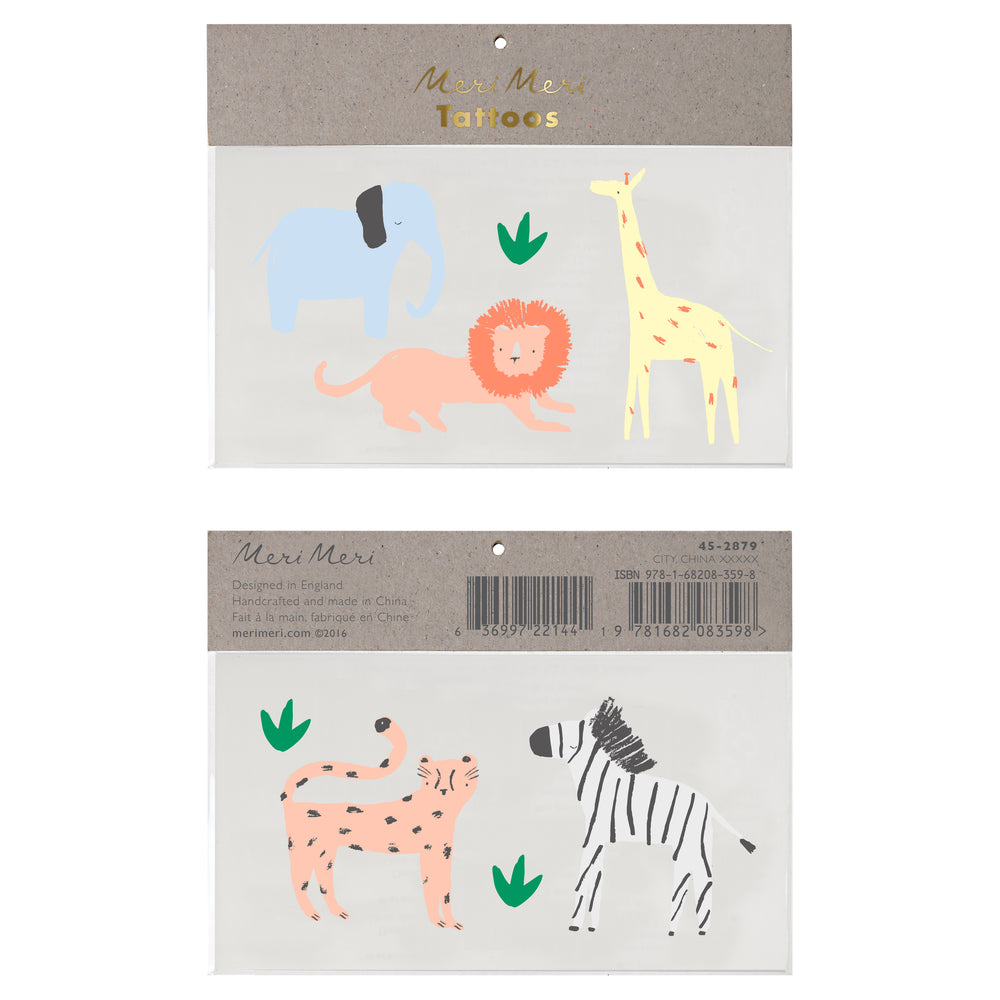 kids safari animal temporary tattoos including an elephant, lion, giraffe, tiger and zebra. perfect for kids activities and party favors .