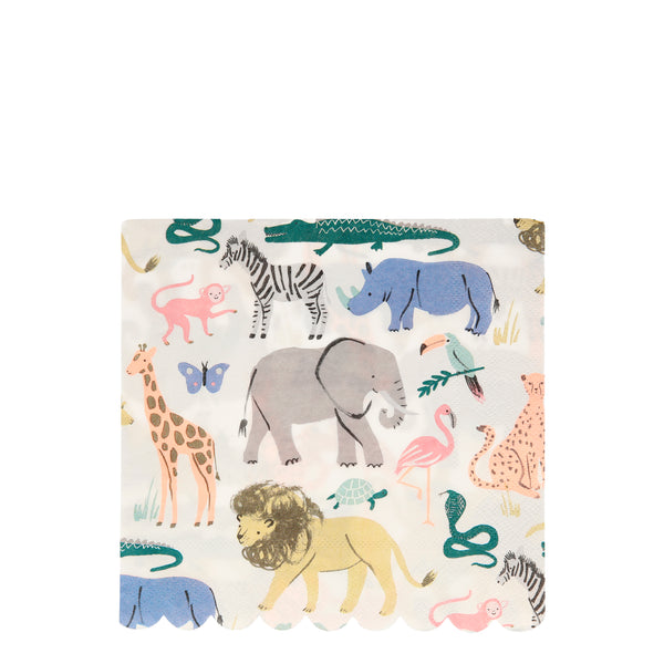 safari print napkins featuring beautifully illustrated animals including elephants, cheetahs, rhinos, snakes. lions, kangaroos, toucan, zebra and more. sold in a pack of 20 large lunch paper party napkins