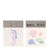 seahorse and sea shells in assorted pastels colors includes one seahorse, three shells and one starfish per package. For ages three years and up and for temporary use as a small gift, party favor or for kids activity