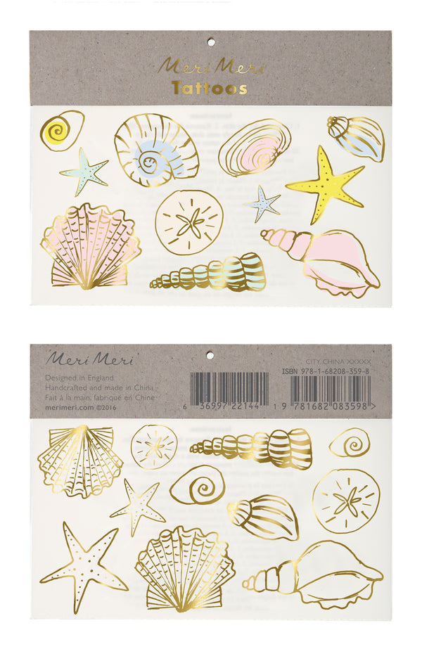 Chic seashell temporary tattoos in assorted pastel colors with gold foil details & shiny gold seashell shapes. Pack of 2 sheets 