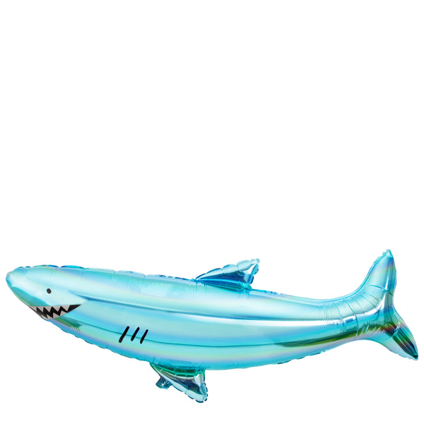 Shark shaped balloon made of shiny holographic blue mylar foil complete with straw to inflate or can be inflated with helium, helium is not included.