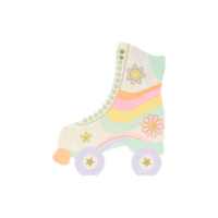 back view of the roller skate napkin with the 1960's inspired flowers and rainbow. All napkins are die-cut into the shape of a roller skate.