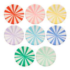 Stripe plates in eight dynamic colors. Pack of eight plates in eight colors including red, pink, yellow, lavender, aqua, blue, green and aqua. All plates are printed with a color stripe on white for contrast and the stripe color is printed as a solid color on the back of each plate. 