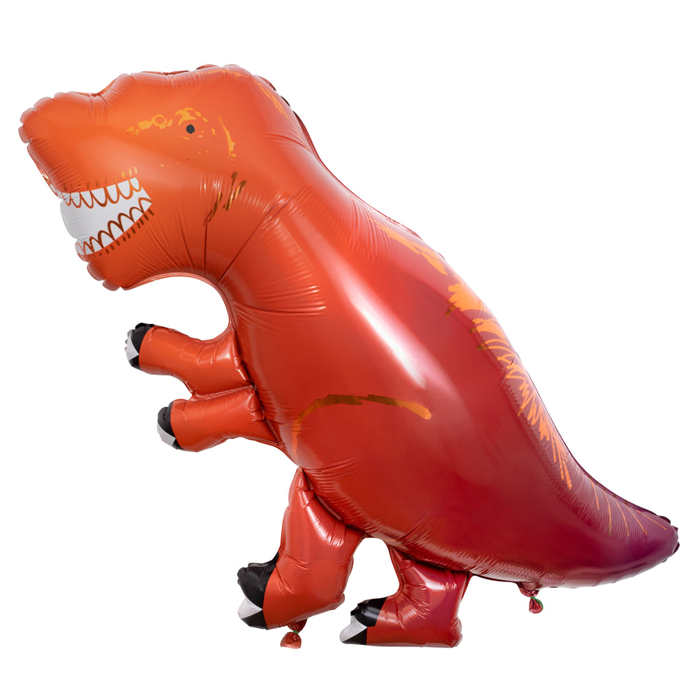 Thirty -three inch tall T-Rex Dinosaur foil balloon in red with copper highlights