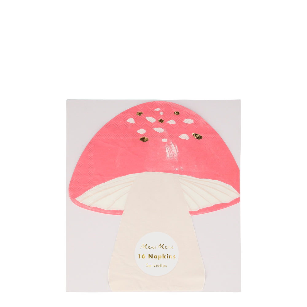 paper party napkins die-cut into the shape of a toadstool, mushroom color stem and soft red top with gold foil highlights. Perfect for your fairy and princess themed parties, sixteen napkins per package