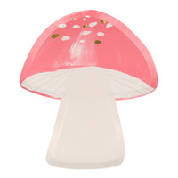 die-cut into the shape of a toadstool , stem in mushroom color with a soft red top with gold foil details. packed in a pack of eight plates