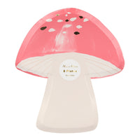 charming die-cut into the shape of a toadstool , stem in mushroom color with a soft red top with gold foil details. Perfect for a fairy themed party. packed in a pack of eight plates