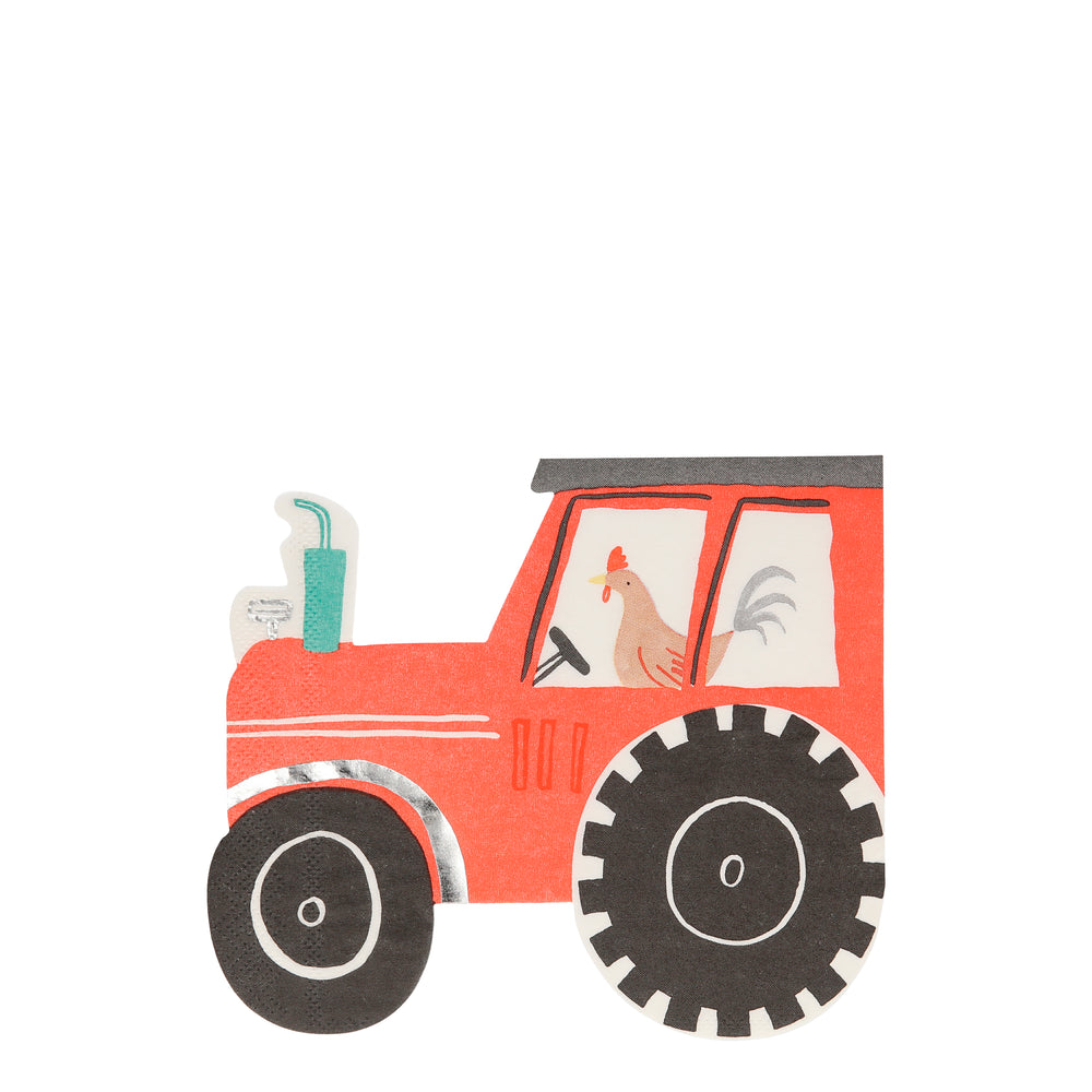 big red farm tractor with a cheeky rooster at the wheel are perfect for a farm animal themed party 