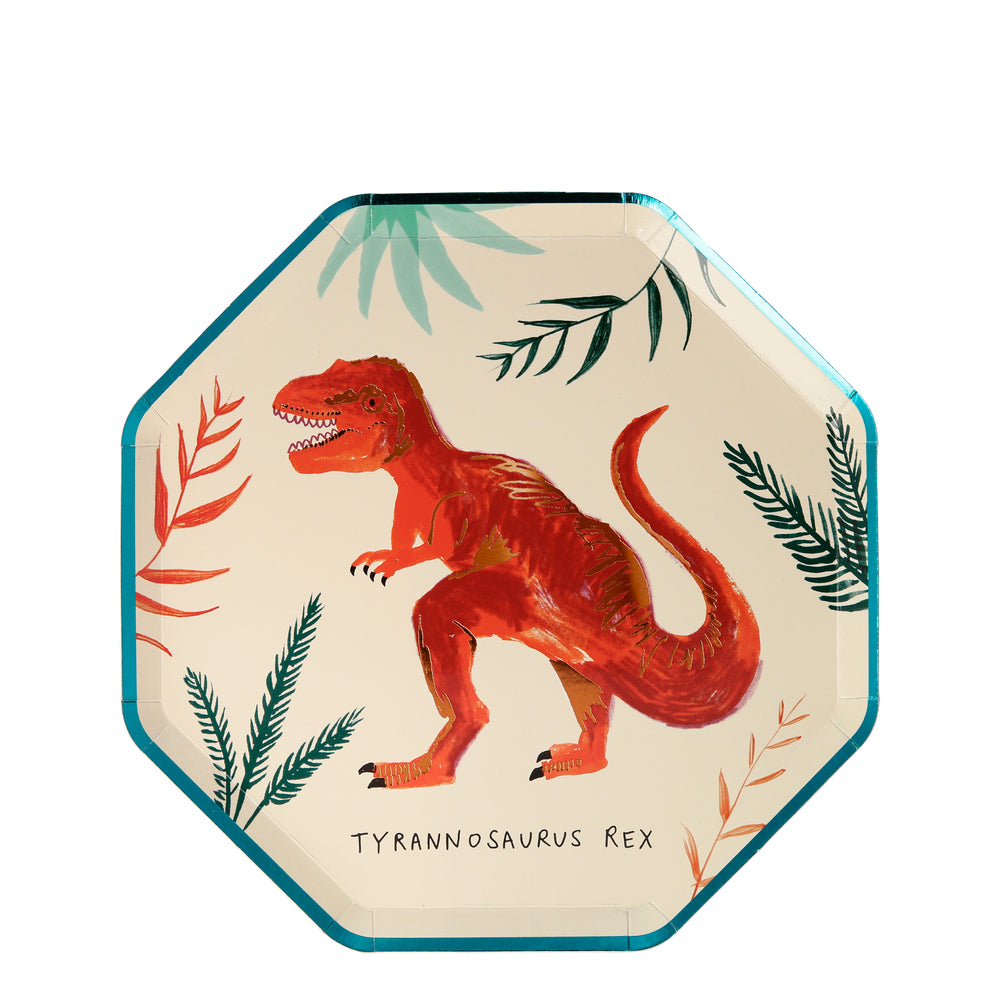 Tyrannosaurus appetizer and desert plates in a pack of eight dinosaur designs.