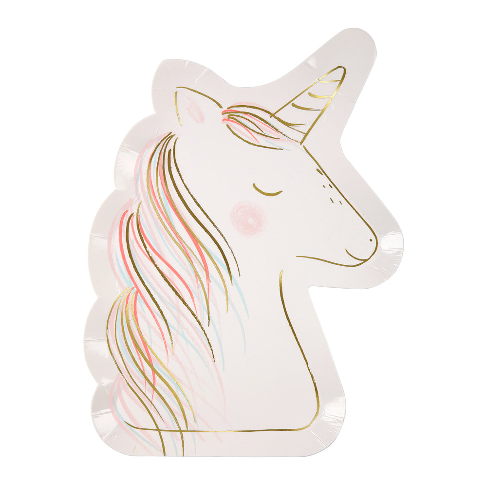 unicorn shaped party plates, neon colors, gold trim