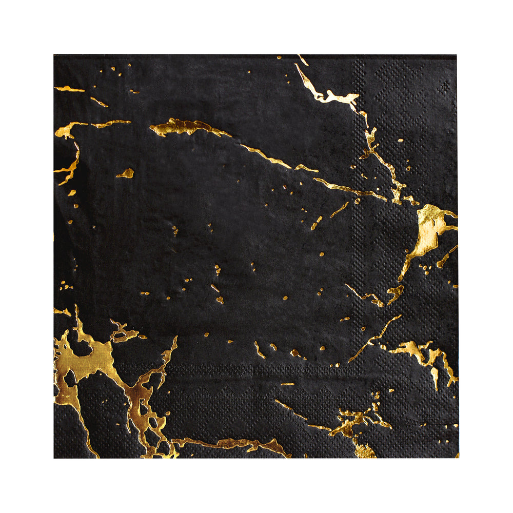 high quality napkins by Harlow and Grey featuring black marble print napkins with embossed gold foil marble veins, pack of twenty paper napkins
