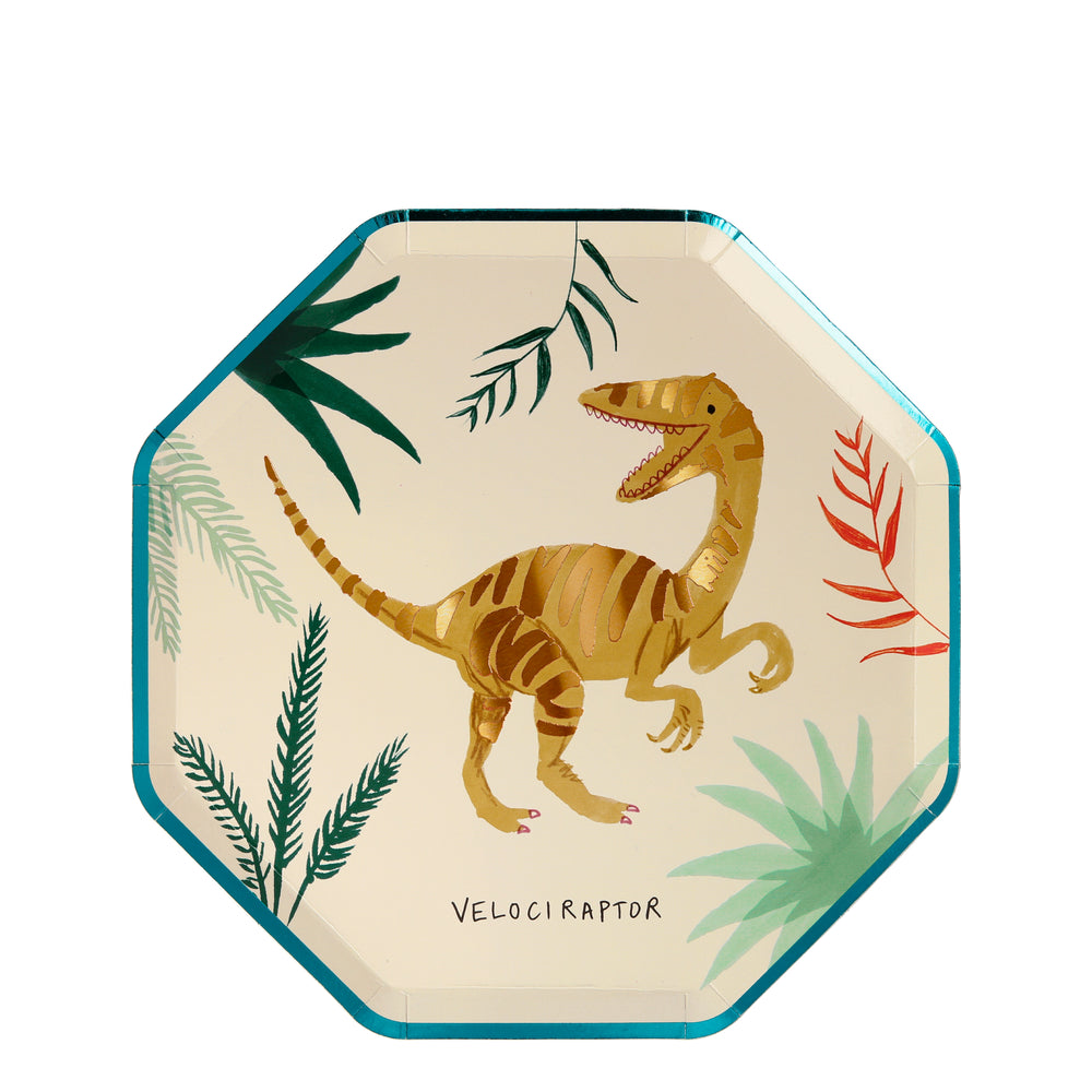 Velociraptor dinosaur plates in a pack of eight plates with eight different dinosaur designs. Boarder trimmed in green foil.