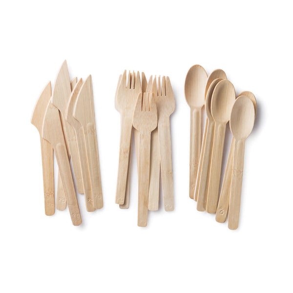 eco-friendly basic cutlery in a set of twenty-four pieces including eight of each fork, knofe and spoons. Made from organically grown bamboo and is one hundred percent biodigradable.