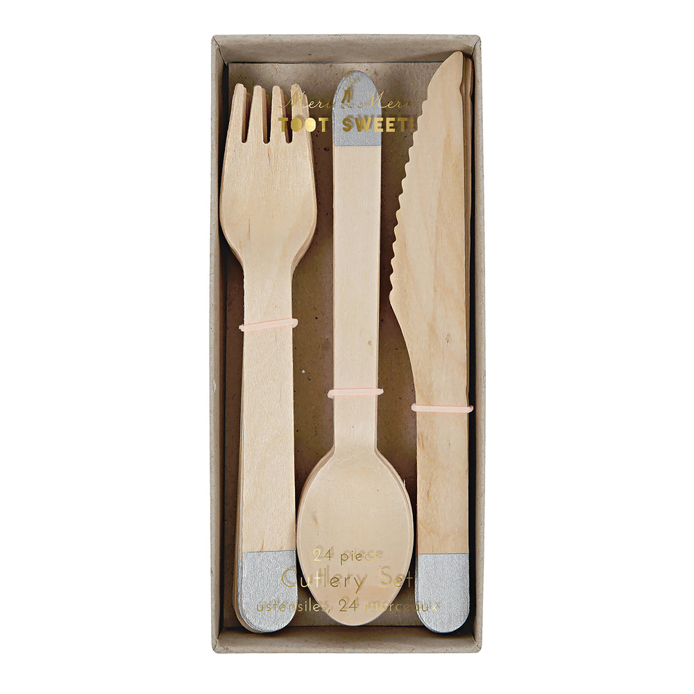 100 percent birch wood disposable, one time use cutlery with painted silver tips set of 24 pieces, eight of each fork, knife and spoon, sustainably sourced wood