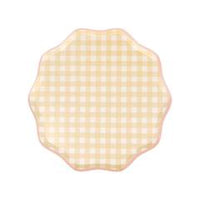 Yellow gingham print plates with a pink border, available in a set of twelve plates in four pastel colors, blue, pink, peach and yellow.