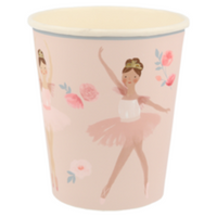 These dancing ballerina paper party cups are as sweet as can be, each adorned with a shiny gold foil crown and surrounded with pink rosettes and topped with a french blue rim. pack of 8 , nine ounce cups.