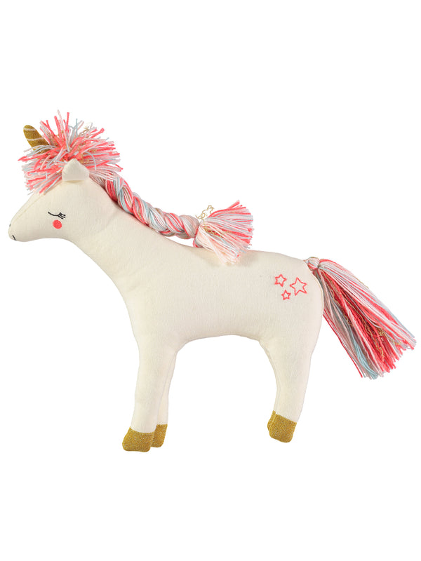 Bella the toy unicorn is made from knitted organic cotton with adorable stitched features. She has a shiny gold horn and a gorgeous yarn mane and tail Product dimensions 14.5 x 18.5 x 3.5 inches