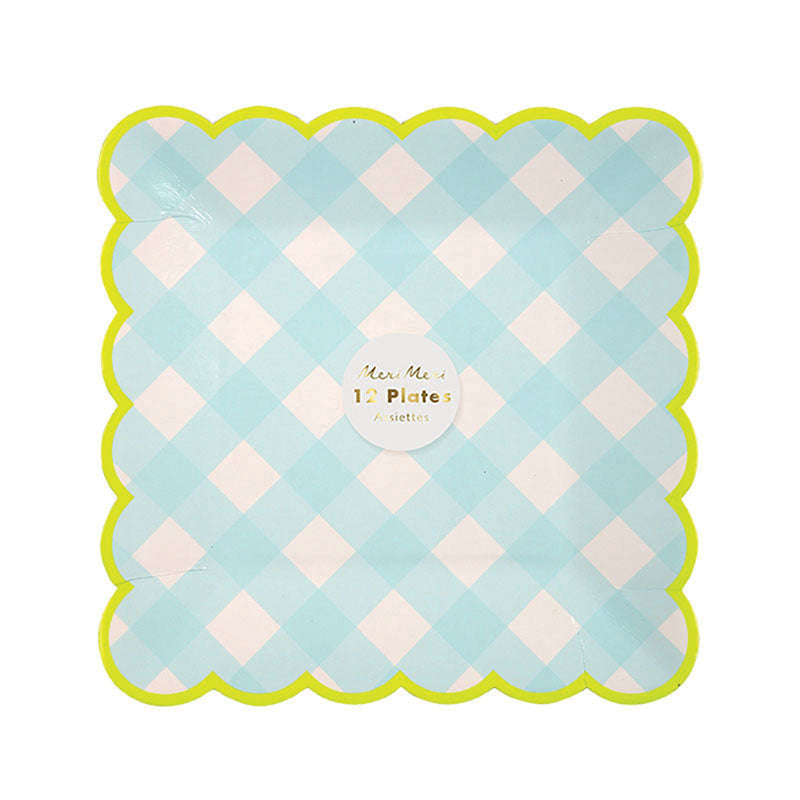 classic gingham print plates in light blue with a scalloped edge and neon green border, 7.5 inches square, pack of 12