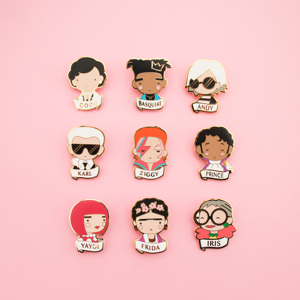 Coco, Karl, Yayoi, Basquiat,David Bowie,Frida, Andy Warhol,Prince, Iris and more. Famous icons made into colorful and high quality enamel brooches. Buy one or collect them all.