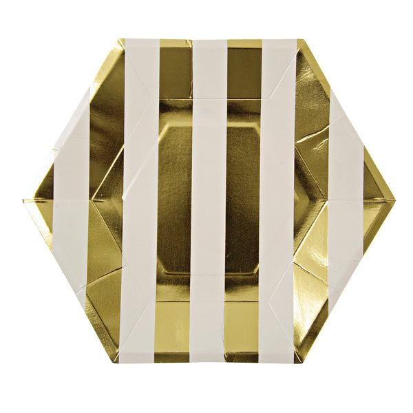 Dinner size plate with bold gold and white alternating stripes. 
