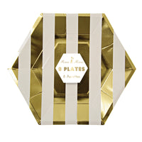 pack of eight dinner plates, bold white and gold stripes, perfect for any fancy event and perfect for holiday celebrations