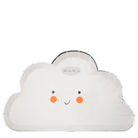 happy cloud shape plates by Meri Meri in a package of eight plates. These plates are white with bright cheeks and a sweet smile and a shiny silver border.