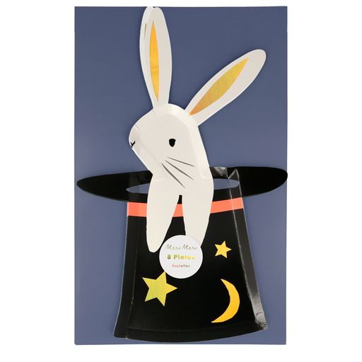 Magic themed paper party plates in a pack of eight plates. Bunny popping out of the hat.