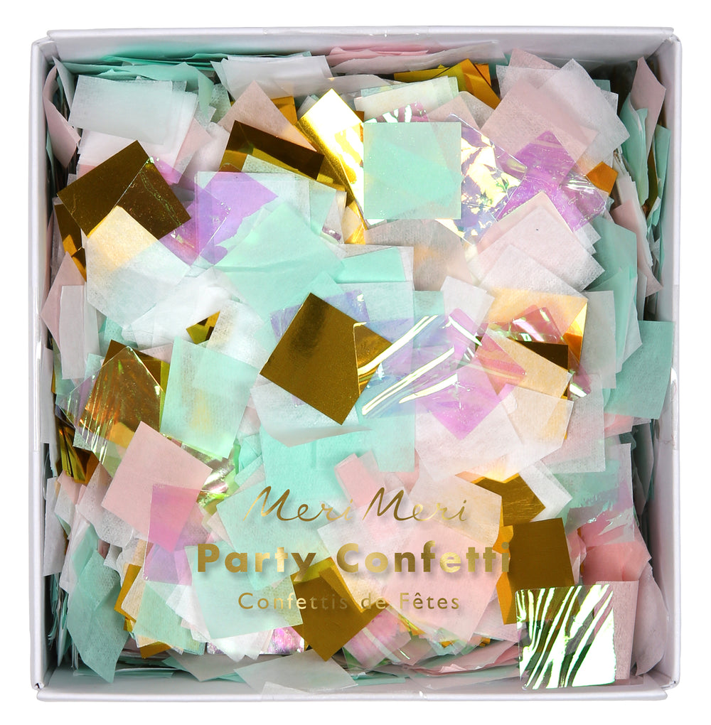 Modern half inch square confetti in five pastel tissue paper, gold foil mylar and iridescent mylar.