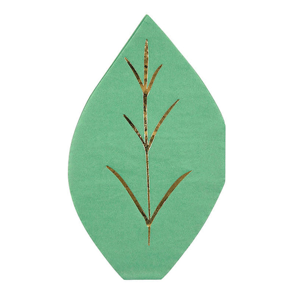 green napkin die-cut into the shape of a leaf with embossed gold foil details