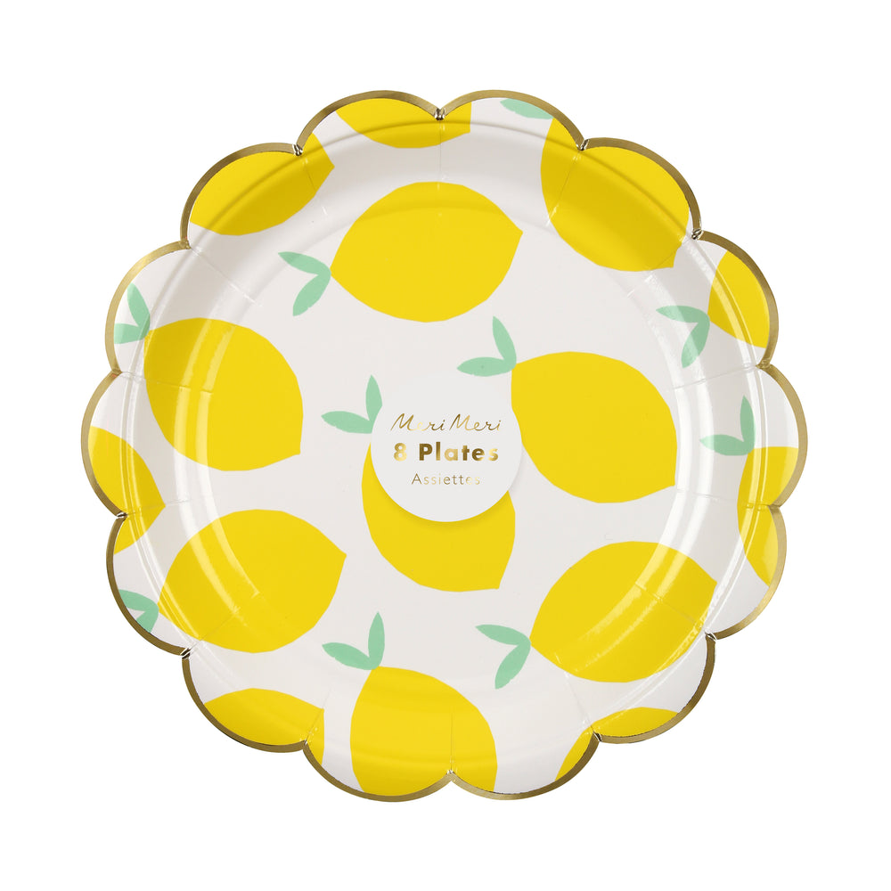 white plates with a bright yellow lemon print, scalloped edges and decorated with a gold foil border, set of 8, 7 inches diameter