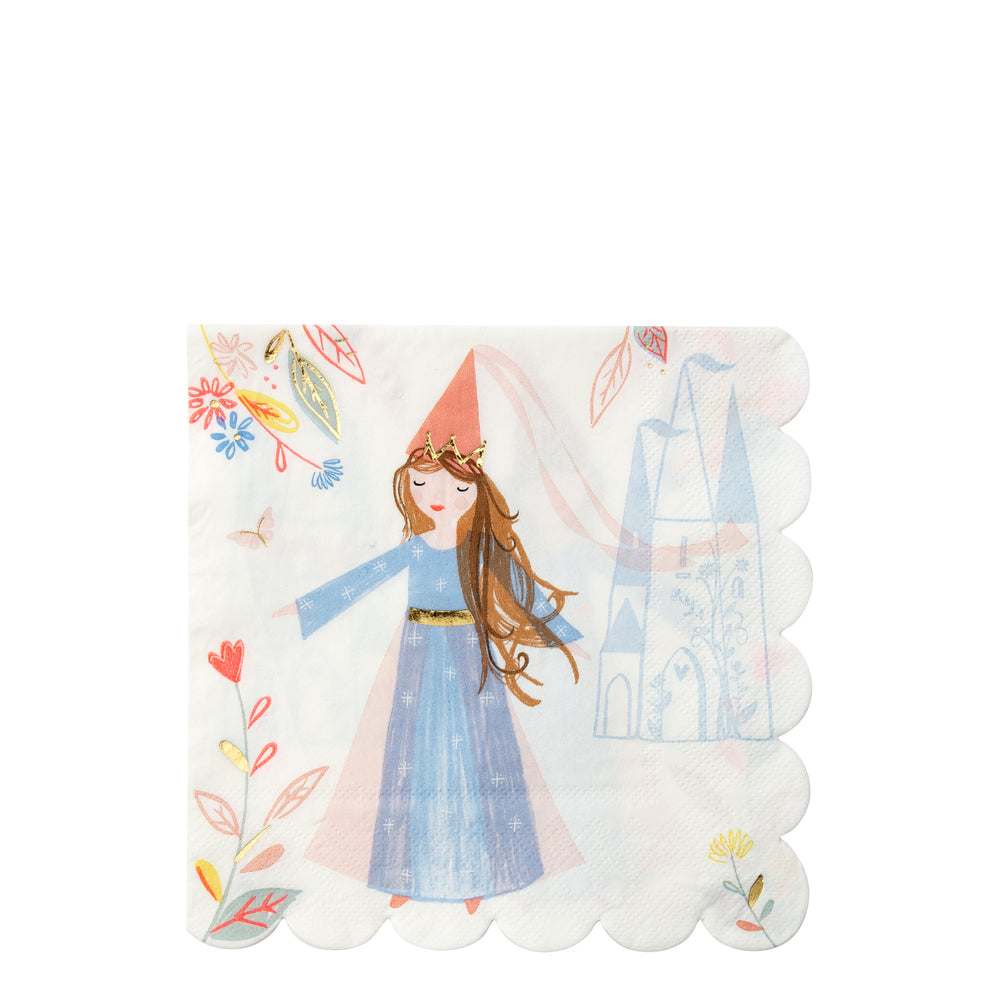 princess paper party napkins featuring illustrations of a magical kingdom and beautiful princess.Pack of sixteen napkins.