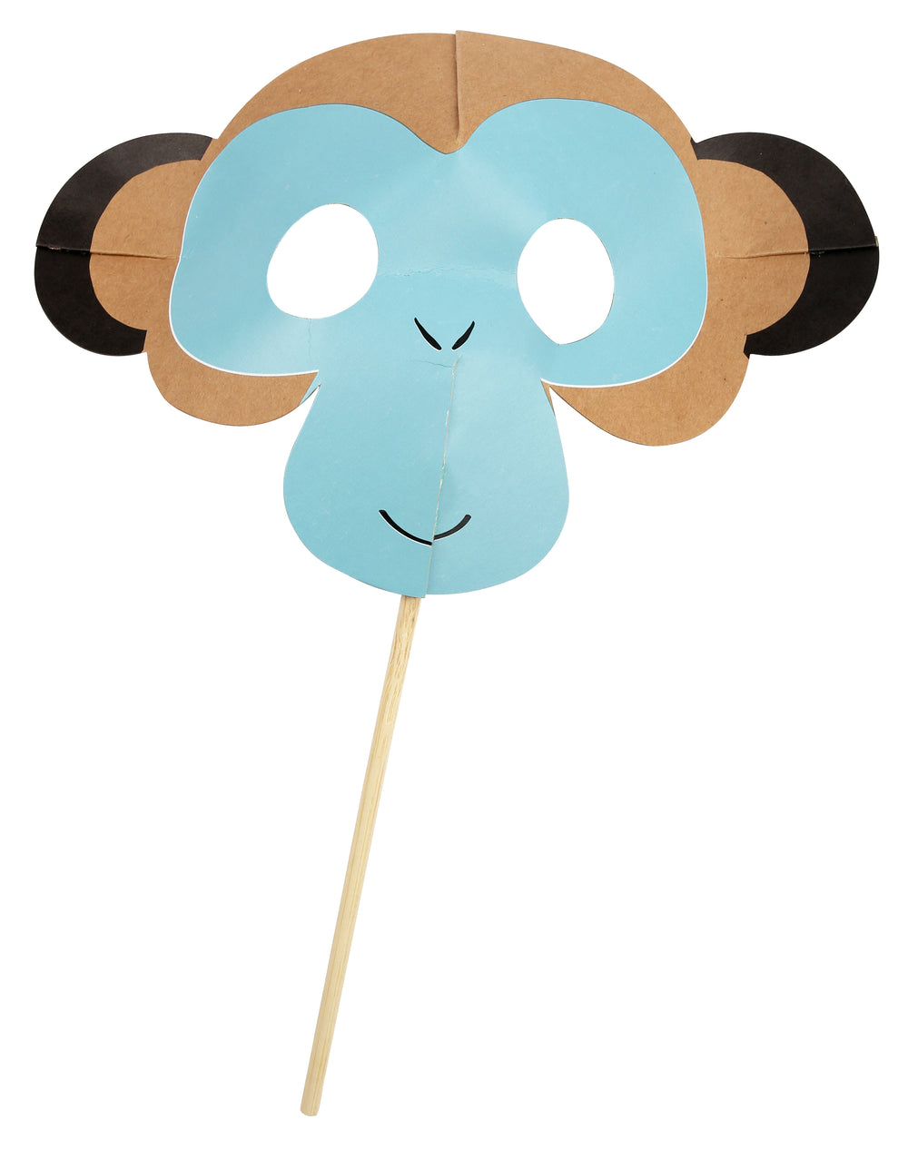 brown and aqua paper party monkey mask with wood dowels to hold mask, four per package includes four tiger masks, perfect for party decor or guest favors