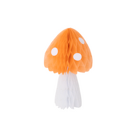 orange honeycomb paper toadstool mushroom with a white stem and polka dots, small size