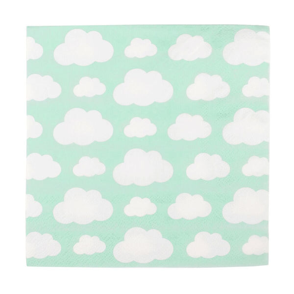 pale green square napkin with white cloud print
