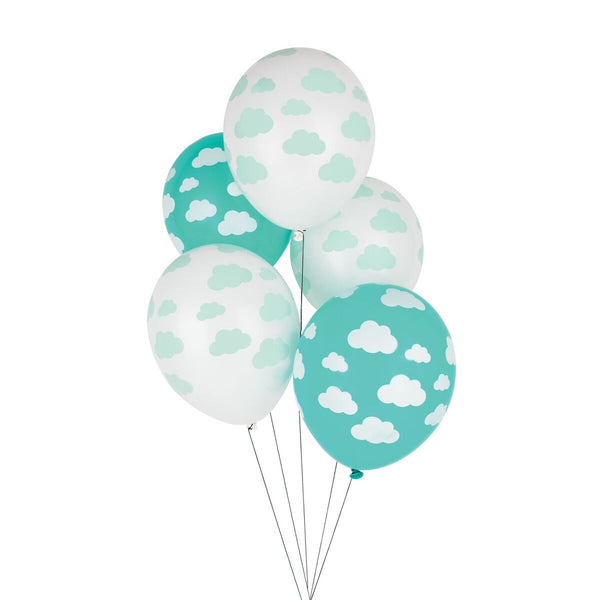 latex party balloons, turquoise, white, set of five balloons