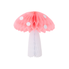 pink honeycomb tissue toadstool mushroom  with white stem and polka dots, medium size