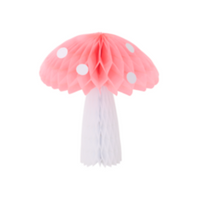 pink honeycomb tissue toadstool mushroom  with white stem and polka dots, medium size