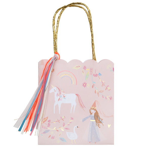 Magical princess party and favor bags. Treat your guest like royalty with these sweet bags with a whimsical print featuring a princess,unicorn,swan,flowers and metallic gold handle and lot's of pretty ribbons. Pack of 8 party bags