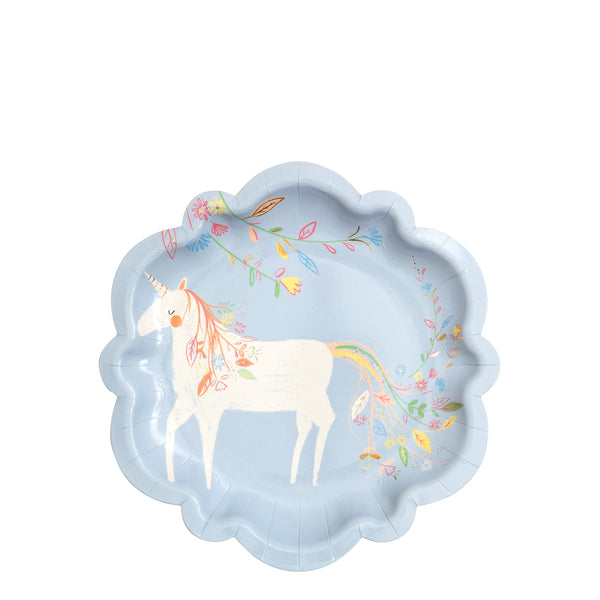 Magical princess party plate in a pastel periwinkle blue with a white unicorn. perfect size for treats and cake. Pack of eight plates for $5.50