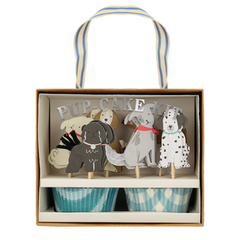 puppy cupcake kit includes 24 toppers in six puppy designs with dusky blue cupcake cases, pet lovers and furry friends will adore these cupcake toppers, sold in a box with ribbon handle.