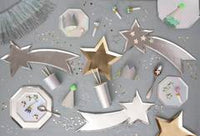 shiny silver foil party plates die-cut into the shape of a shooting star. 