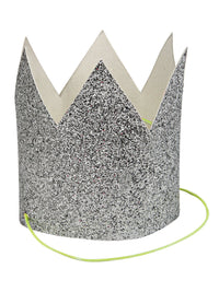 Crown with lots of sparkly Silver Glitter, each crown includes and neon yellow elastic strap. Perfect favor for your party guests.