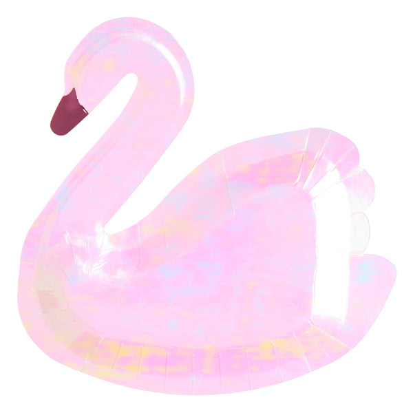 Swan plates die-cut into the shape of a swan  with a iridescent foil finish in hues of soft pinks and a burgundy beak, these plates are gorgeous!