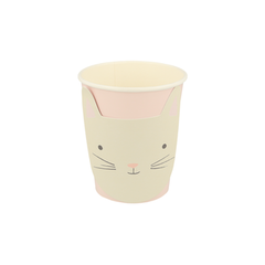 kitten paper party cup, pink cup and creme kitten face applied to the outside of cup