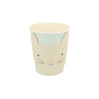 pastel cup with a die-cut kitten face applied to the outside of cup, mint green cup with a creme kitten face.