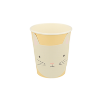 yellow cup with a creme color die-cut kitten face applied to the outside of cup, nine ounce cup for both hot and cold beverages