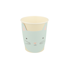 creme cup with pastel mint cat face applied to the outside of cup, nine ounces