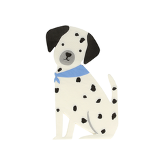 A seated white puppy with black ears & spots and accessorized with a french-blue handkerchief, super sweet! Pair with our PUG plates and puppy cups to complete your table decor.