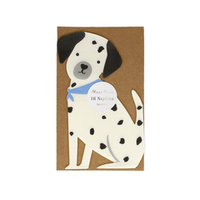 pack of sixteen napkins die-cut into the shape of a seated puppy, white puppy with black ears and spots and a blue handkercheif